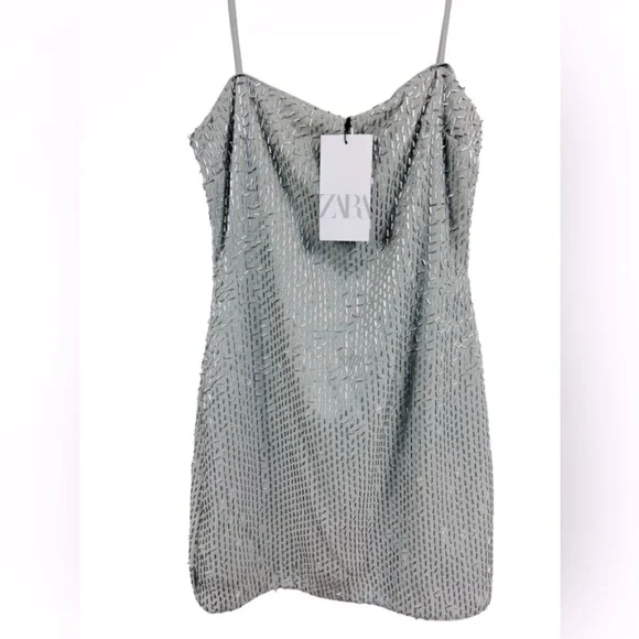 ZARA Gray Silver Beaded Spaghetti Strap Mini Dress S NWT - Picture 2 of 13